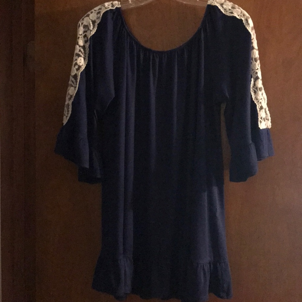 Knit navy and white lace blouse